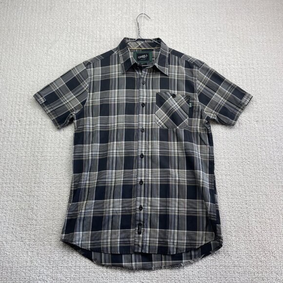 Y2K Oneill Shirt Men M Black Plaid Short Sleeve Button Up Surf Skate Casual - Picture 1 of 15